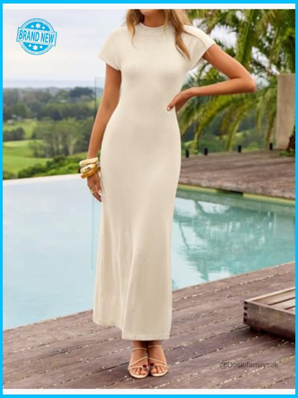 Bodycon Knit Maxi Dress Business Casual Crew Neck Slit Summer - Picture 4 of 7